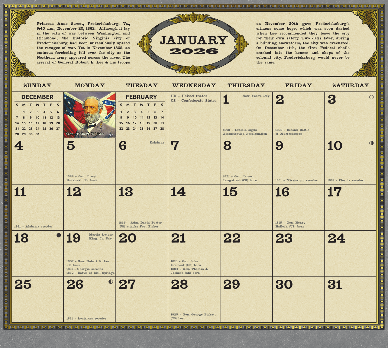 2026 Commanders in Gray Civil War Calendar January Robert E Lee Mort Kunstler Künstler